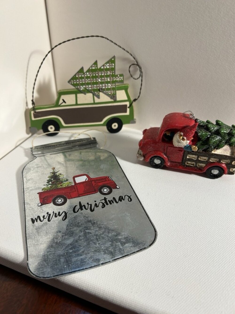 2 Red Truck Ornaments And One Green Vintage Look Car Ornament